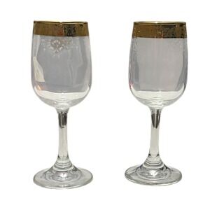 Vintage Wine Glasses Gold Rim Delicate Etched Floral Scroll‎ Stemware Set of 2